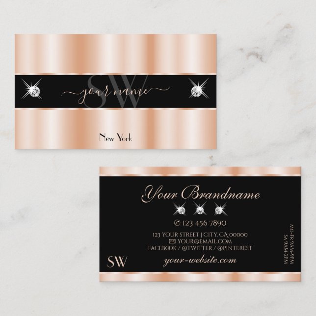Tarjeta De Visita Iniciales de joyas lujosas Rosas Gold Black Sparkl (Anverso / Reverso)