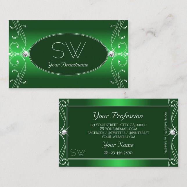 Tarjeta De Visita Iniciales de Joyas Ornate Sparkle Gradiente Verde  (Anverso / Reverso)