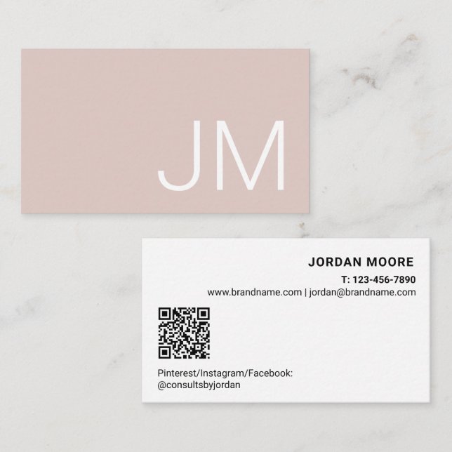 Tarjeta De Visita Iníciales de monograma chic profesional rosa QR (Anverso / Reverso)