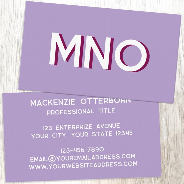Tarjeta De Visita Iniciales de monograma moderno sombra de caída (Modern drop shadow monogram initials business card in lilac purple)