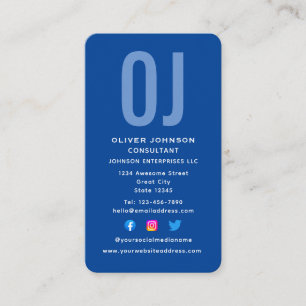 Tarjeta De Visita Iniciales de monograma vertical Nombre Blanco azul