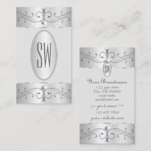 Tarjeta De Visita Iniciales de Ornamentos Ornados Gris Plateado
