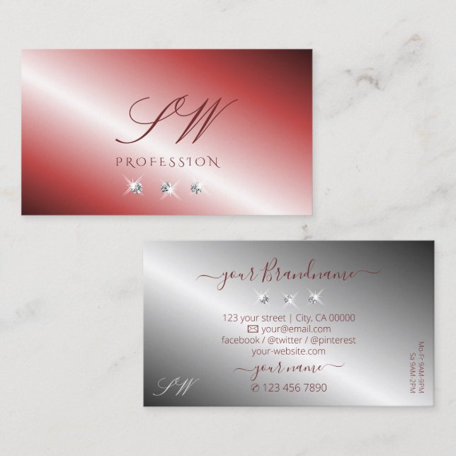 Tarjeta De Visita Iniciales elegantes de diamantes rojos y plateados (Anverso / Reverso)