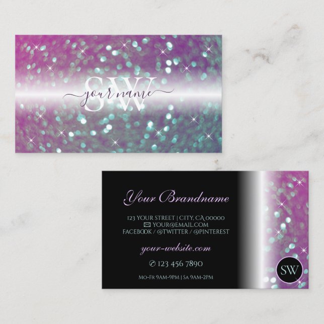 Tarjeta De Visita Iniciales elegantes de Purpurinas Verde azulados d (Anverso / Reverso)