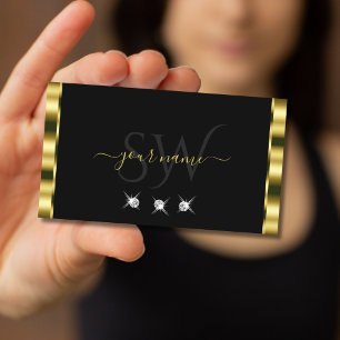 Tarjeta De Visita Iniciales lujosas de oro negro esparcen diamantes