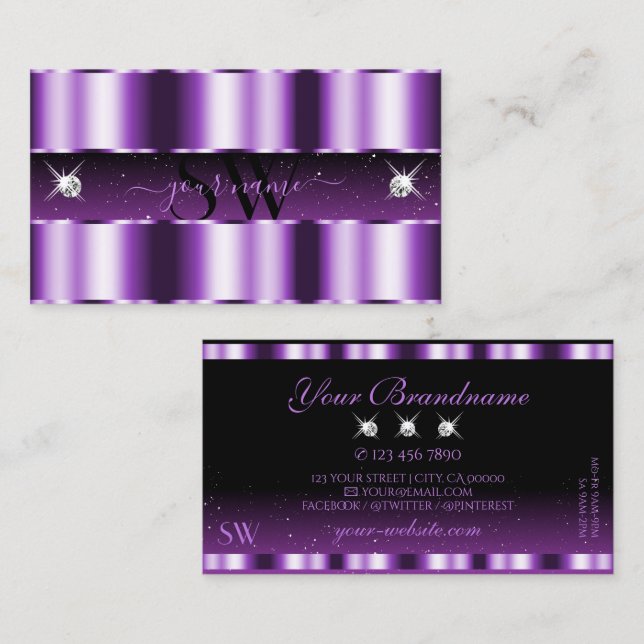 Tarjeta De Visita Iniciales lujosas moradas de diamantes espumosos n (Anverso / Reverso)