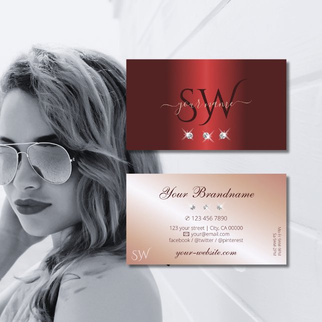 Tarjeta De Visita Iniciales lujosas Red Rose Gold Sparkle Diamonds (Subido por el creador)