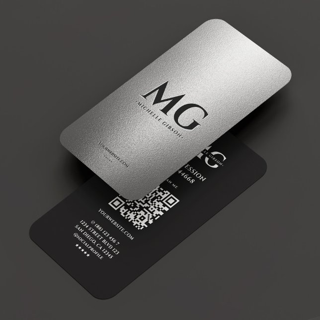 Tarjeta De Visita Iniciales Mínimas de Plata Negra Profesional (Professional Silver Black Minimal Initials Business Card
)