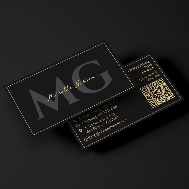 Tarjeta De Visita Iniciales Mínimas Negras Script Profesional  (Minimal Initials Black Script Professional Business Card
)