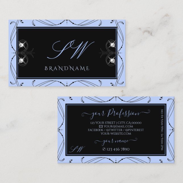 Tarjeta De Visita Iniciales ornamentales de diamantes de espuma azul (Anverso / Reverso)
