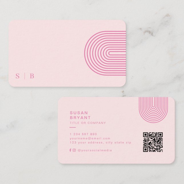 Tarjeta De Visita Iniciales rosadas de maquillaje moderno Código QR  (Anverso / Reverso)