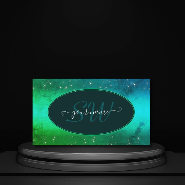 Tarjeta De Visita Iniciales Verde azuladas de Purpurinas de chispas  (Subido por el creador)