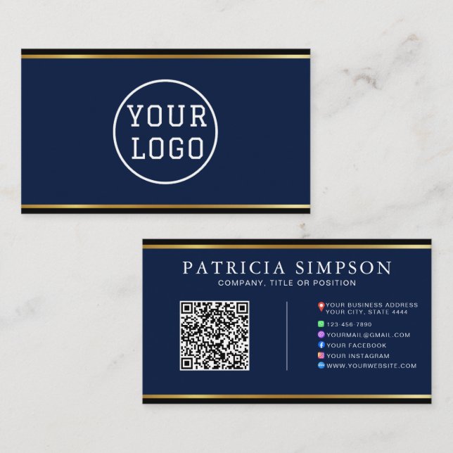 Tarjeta De Visita Ink Blue & Gold Edge Modern QR Code Template (Anverso / Reverso)