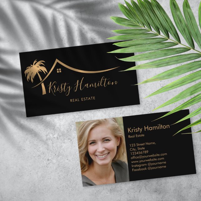 Tarjeta De Visita inmobiliaria profesional inmobiliaria inmobiliaria (gold palm tree house real estate logo business card)