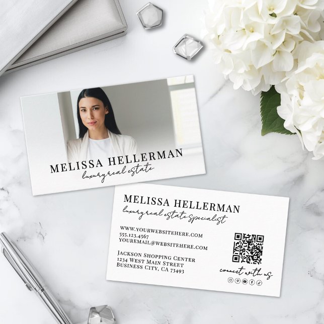 Tarjeta De Visita Inmobiliaria Script Blanco Negro (Black White Script Real Estate Business Card )