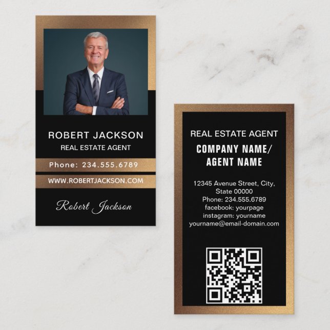 Tarjeta De Visita inmobiliario profesional agregar código QR de foto (Anverso / Reverso)