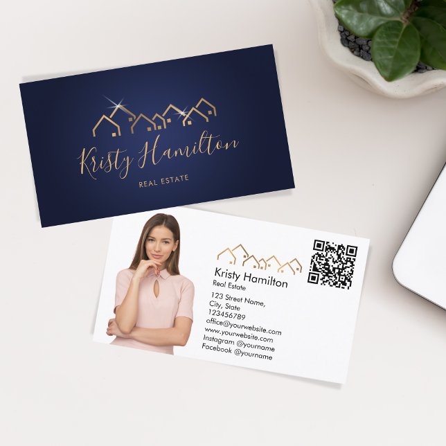 Tarjeta De Visita inmobiliario profesional agregar código QR de foto (gold roof house realtor logo)