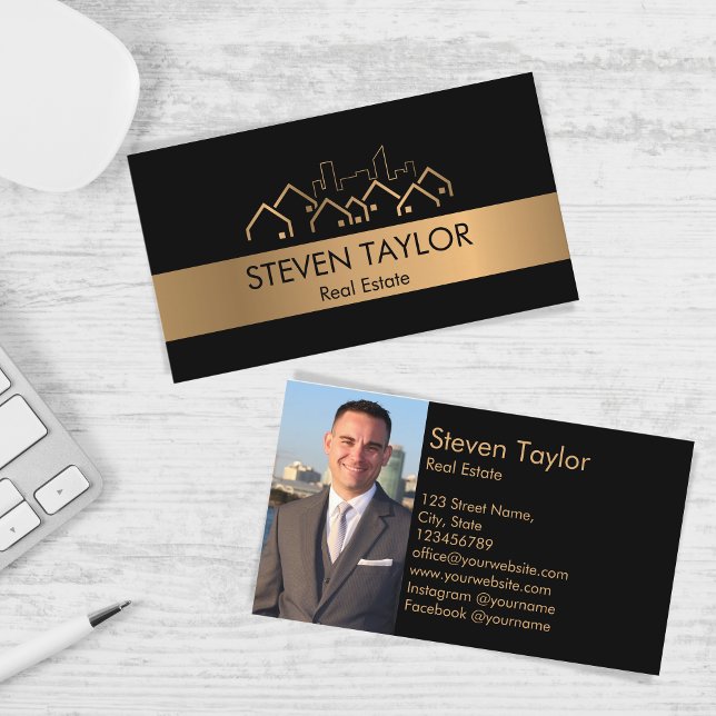Tarjeta De Visita inmobiliario profesional moderno agregar foto (gold house roof city skyline)