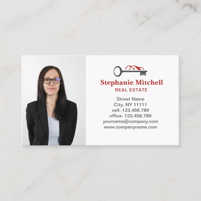 Tarjeta De Visita Insertar foto Realtor Inmobiliario Key House Red (Anverso)