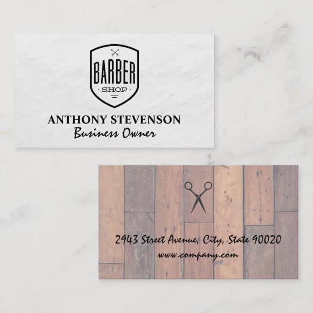 Tarjeta De Visita Insignia de Barbershop | Paneles de madera (Anverso / Reverso)