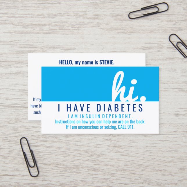 Tarjeta De Visita insignia pvc de emergencia para diabetes de hi (Anverso/Reverso In Situ)