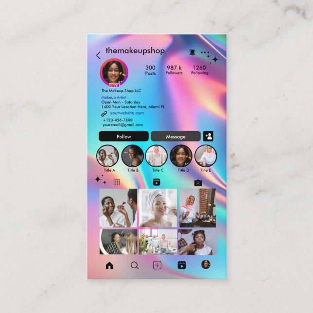 Tarjeta De Visita Instagram Holográfico Rosa QR Code Medios sociales (Anverso)