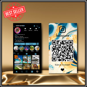 Tarjeta De Visita Instagram LUXURY Azul y Mármol Ágata Negro con QR