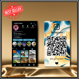 Tarjeta De Visita Instagram LUXURY Blue & Gold Black Marble Agate QR