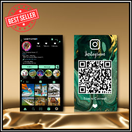 Tarjeta De Visita Instagram LUXURY Green & Black Marble Agate QR