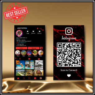Tarjeta De Visita Instagram LUXURY Mármol de ágata rojo y negro QR