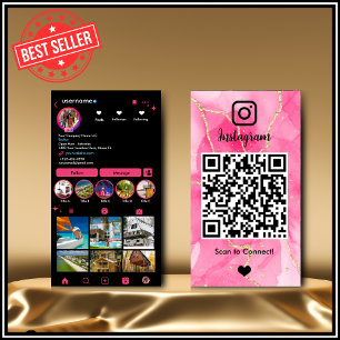 Tarjeta De Visita Instagram LUXURY Rosa y Mármol Negro Agata QR