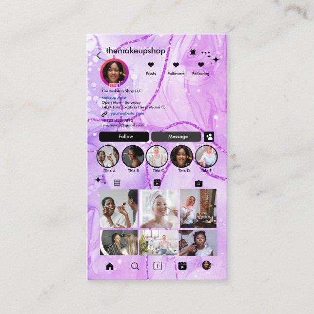 Tarjeta De Visita Instagram Purple Marble QR Code Medios sociales (Anverso)