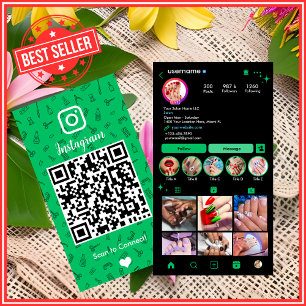 Tarjeta De Visita Instagram QR de Salón de Uñas Verde Brillante