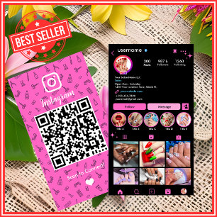 Tarjeta De Visita Instagram Salón de Uñas Rosa Código QR de Redes