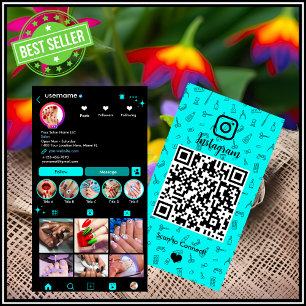 Tarjeta De Visita Instagram Salón de Uñas Turquesa QR de Redes Soc