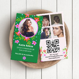 Tarjeta De Visita Instagram Social Media Photo Grid, QR Code, Floral