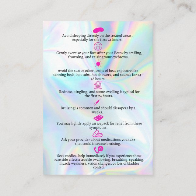 Tarjeta De Visita Instrucción Botox Aftercare Faux Holograph (Reverso)