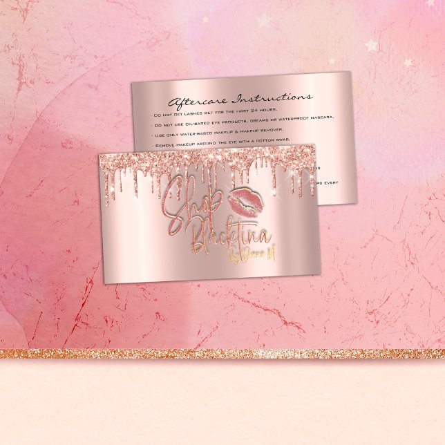 Tarjeta De Visita Instrucciones de atención médica Lash Rosa Drips L (Aftercare Instructions Lash Rose Drips Logo Lips Business Card)