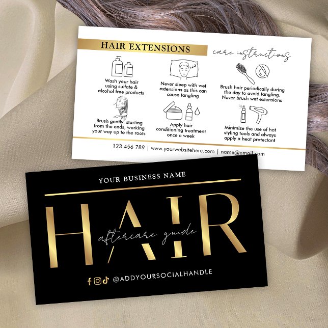 Tarjeta De Visita Instrucciones de cuidado de extensiones de pelo de (Modern black and gold hair extensions aftercare cards with icons)