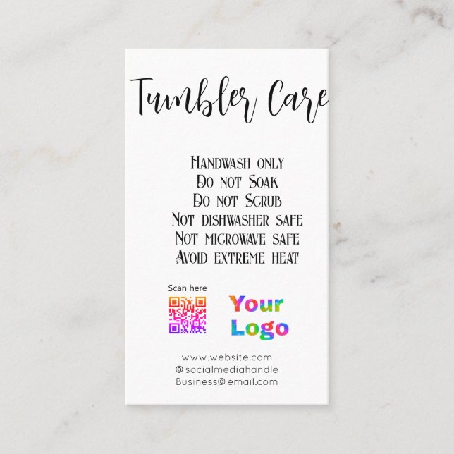 Tarjeta De Visita Instrucciones de cuidado de Tumbler añaden logo de (Anverso)