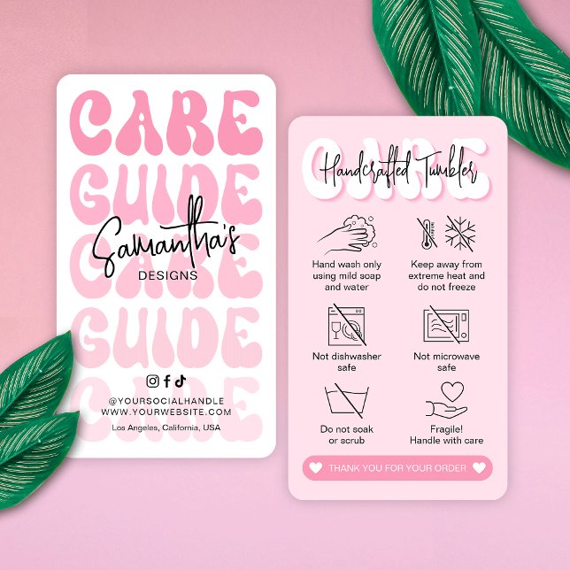 Tarjeta De Visita Instrucciones de cuidado de tumbler Trendy Girly R (Trendy pink tumbler and cups care instructions cards with icons, groovy fonts and your brand info)