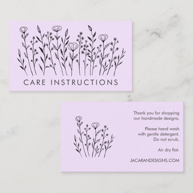 Tarjeta De Visita INSTRUCCIONES DE CUIDADO Moda Elegante Lavanda de  (Anverso / Reverso)