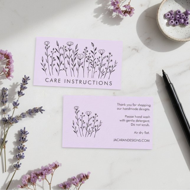 Tarjeta De Visita INSTRUCCIONES DE CUIDADO Moda Elegante Lavanda de  (CARE INSTRUCTIONS Chic Elegant Wildflower Lavender Business Card
)