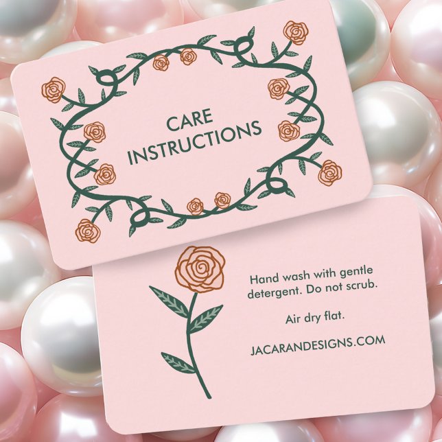 Tarjeta De Visita INSTRUCCIONES DE CUIDADO Moda Marco Rosa elegante  (CARE INSTRUCTIONS Chic Elegant Rose Frame Floral Business Card
Blush Pink)
