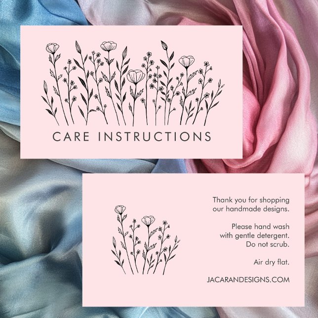 Tarjeta De Visita INSTRUCCIONES DE CUIDADO Moda Rubor Elegante Flor  (CARE INSTRUCTIONS Chic Elegant Wildflower Blush Pink Business Card
)