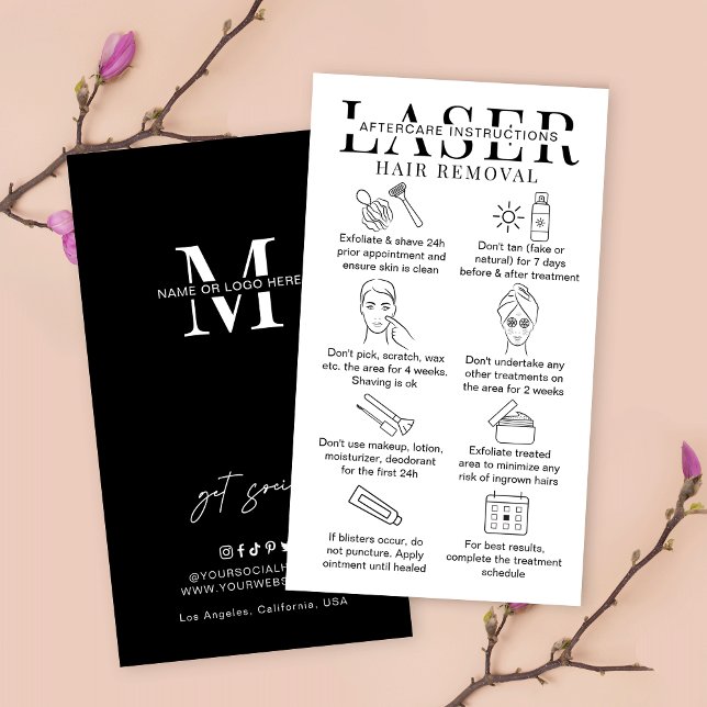 Tarjeta De Visita Instrucciones de cuidado para la remoción del pelo (Laser hair removal aftercare cards in minimalist black & white design)
