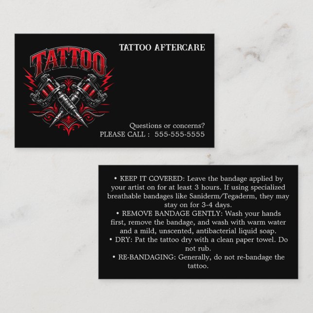 Tarjeta De Visita Instrucciones de cuidado posterior al tatuaje (Anverso / Reverso)