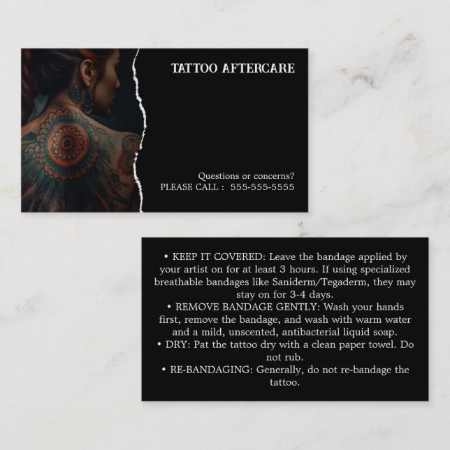 Tarjeta De Visita Instrucciones de cuidado posterior al tatuaje (Anverso / Reverso)