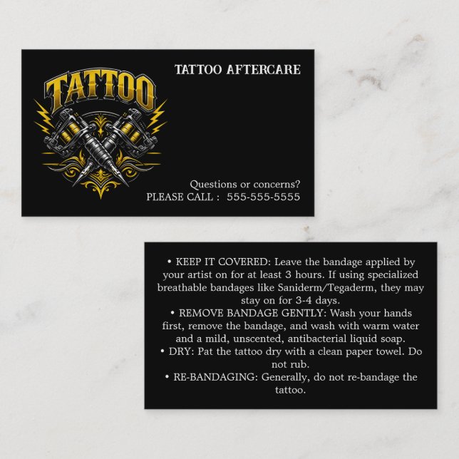 Tarjeta De Visita Instrucciones de cuidado posterior al tatuaje (Anverso / Reverso)
