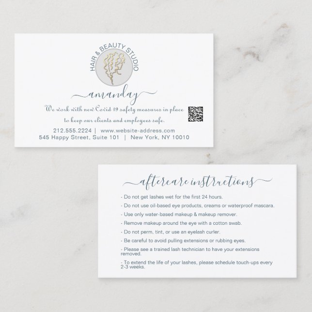 Tarjeta De Visita Instrucciones de cuidado posterior Lash White Logo (Anverso / Reverso)